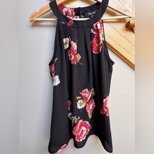 Nine West Womens Y2K Halter Top S Dark Floral Fairy Asymmetrical‎ Work Career